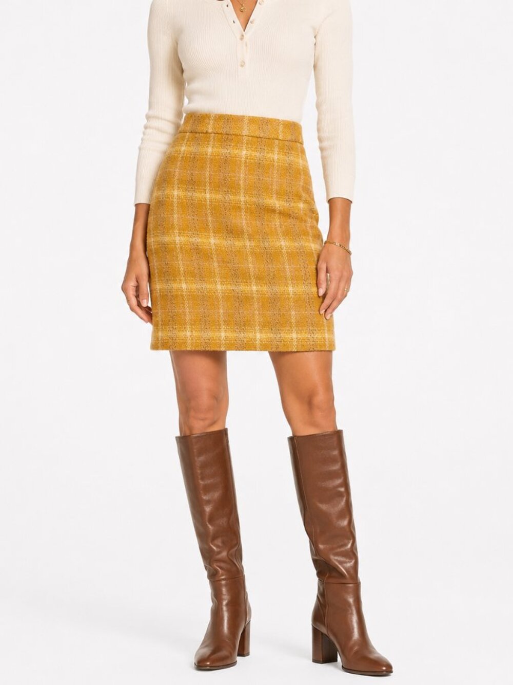 J.Crew Sunnie Wool Tweed Mustard Yellow Gold Plaid Corpcore Pencil Skirt [sz 6]